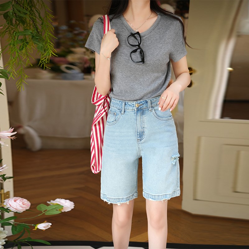 夏季薄款浅蓝色高腰五分牛仔短裤女宽松显瘦破洞O毛边辣妹中裤202
