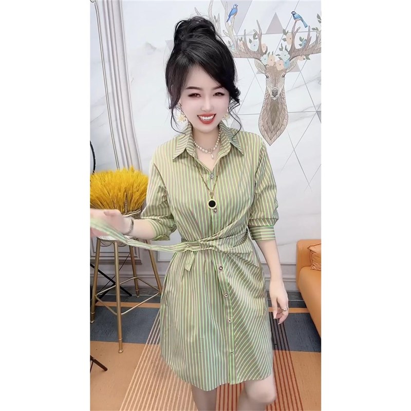 2023早秋新款连衣裙气质女感减设计神范龄收腰Q显瘦条纹长袖衬新