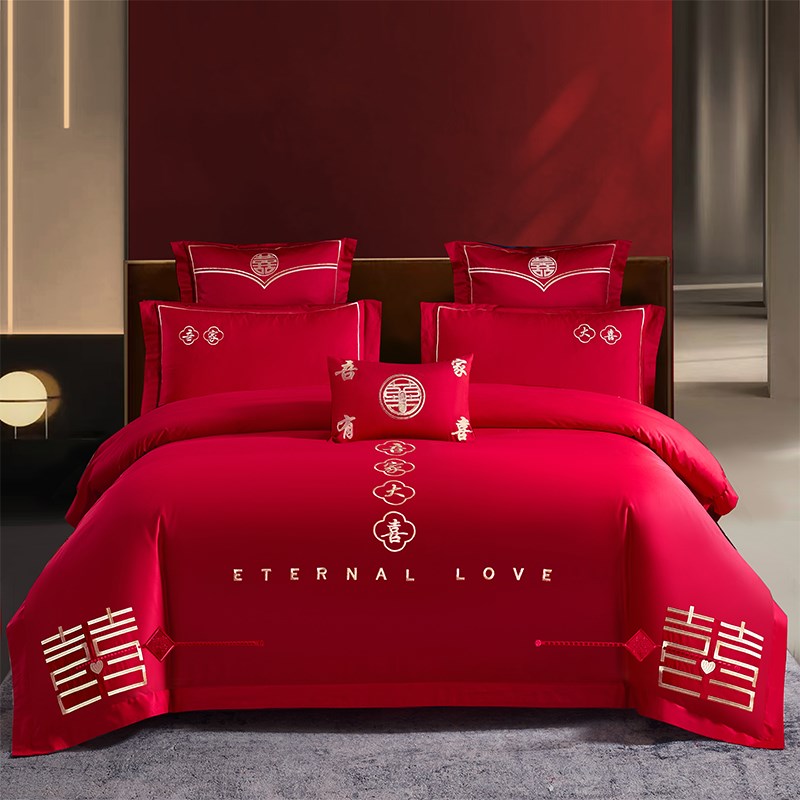 2025新款长绒棉结婚四件套红色100%纯棉全棉被套罩陪嫁娶婚房用品