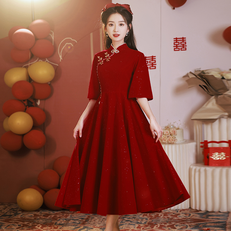 敬酒服新娘2023新款大码回门服订婚礼服结婚胖mm遮肚子孕妇连衣裙