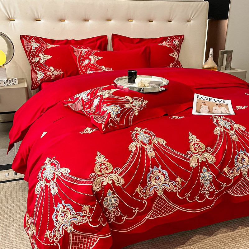 高档欧式全棉结婚四件套大红色床单被套纯棉婚庆床上用品婚房喜被