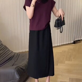 t恤女高腰显瘦阔腿直筒裤 夏装 减龄简约短袖 搭配一整套时尚 裙 n法式