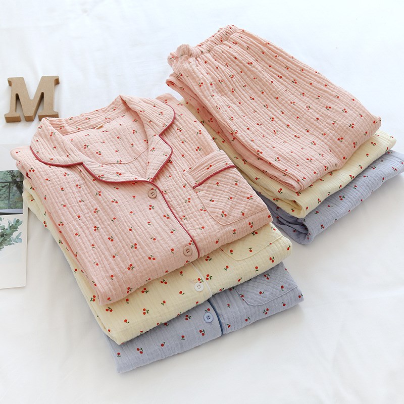 春秋季纯棉纱布可爱甜美少女长袖薄款棉麻日系休闲睡衣家居服套装