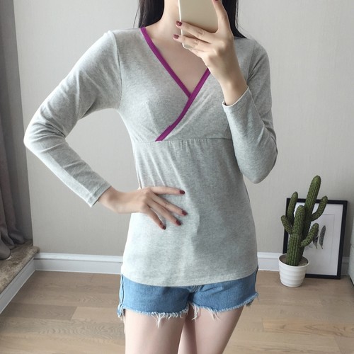 哺乳上衣 春秋打底免穿文胸产后喂奶衣服睡衣棉毛衫纯棉孕妇秋衣