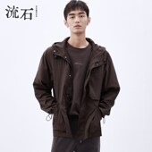 风衣男士 机能风短款 2024年秋季 新款 宽松连帽外套 流石男装 工装 秋装