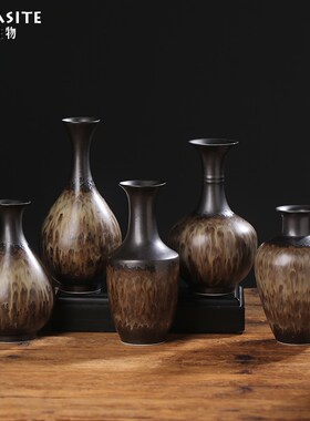 窑变色高档日式黑色陶瓷小花瓶花道插花器皿陶瓷花器名宿餐厅摆件