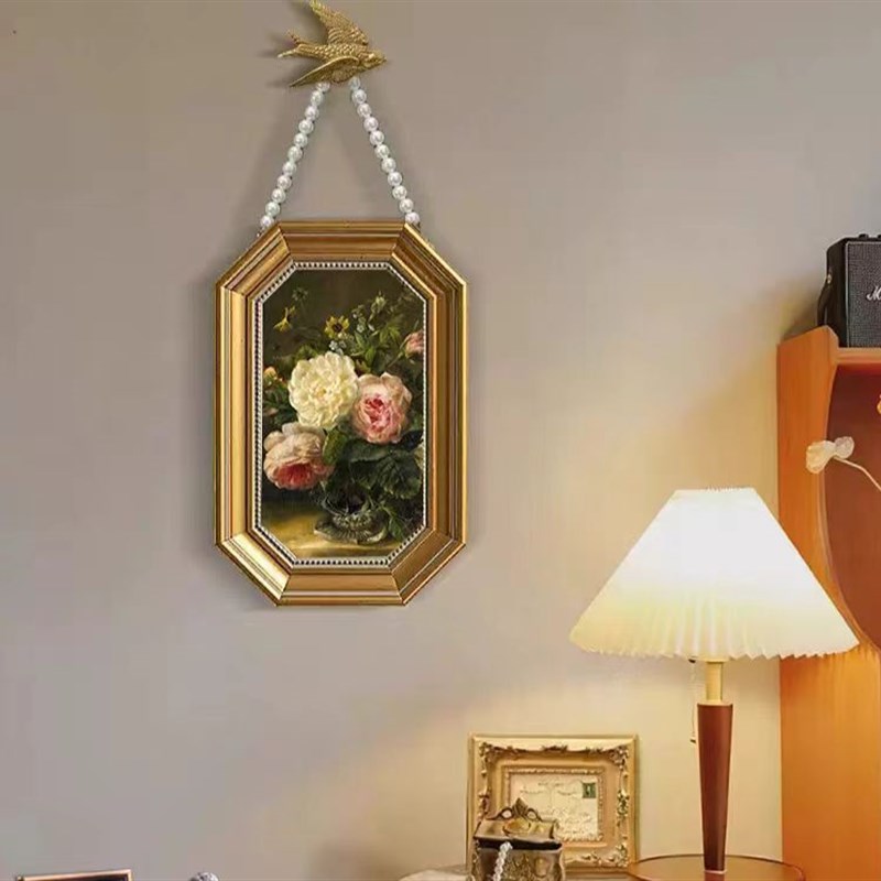 法式小众复古花卉装饰画美式古典餐厅卧室壁画珍珠项链八角框挂画