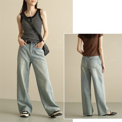 86252 软牛i仔 女士水洗牛仔阔腿裤 宽松直筒裤 休闲百搭长裤 春