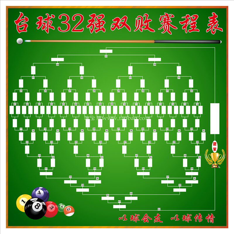 淘汰赛32人双败制单败制黑八台球比赛晋级表桌球室台球厅海报贴画