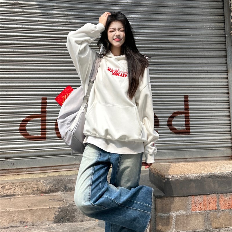 文文不乖美式国潮l牌字母小火苗刺绣连帽卫衣男女春季情侣外套上