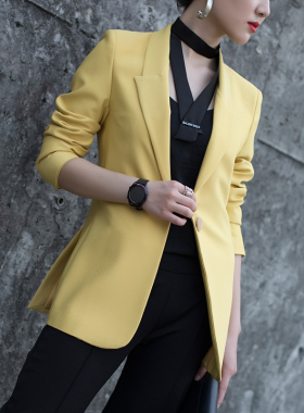 西服黄色休闲西装女收腰简约修身时尚气质春秋季T通勤女装修身外
