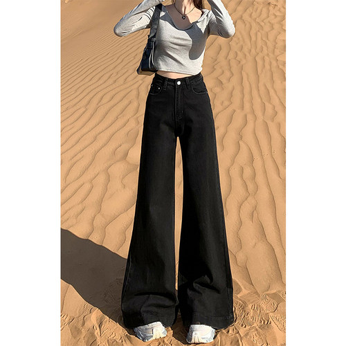 黑色阔腿微喇牛仔裤女秋冬新款高腰垂感不贴腿加绒加厚拖地喇叭裤