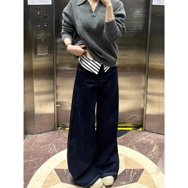 大码胖mm设计感条纹翻边拼接牛仔裤女春季美式复古V显瘦阔腿拖地