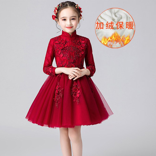 儿童礼服b公主裙加绒生日花童婚纱洋气女童红色主持演出服长袖秋