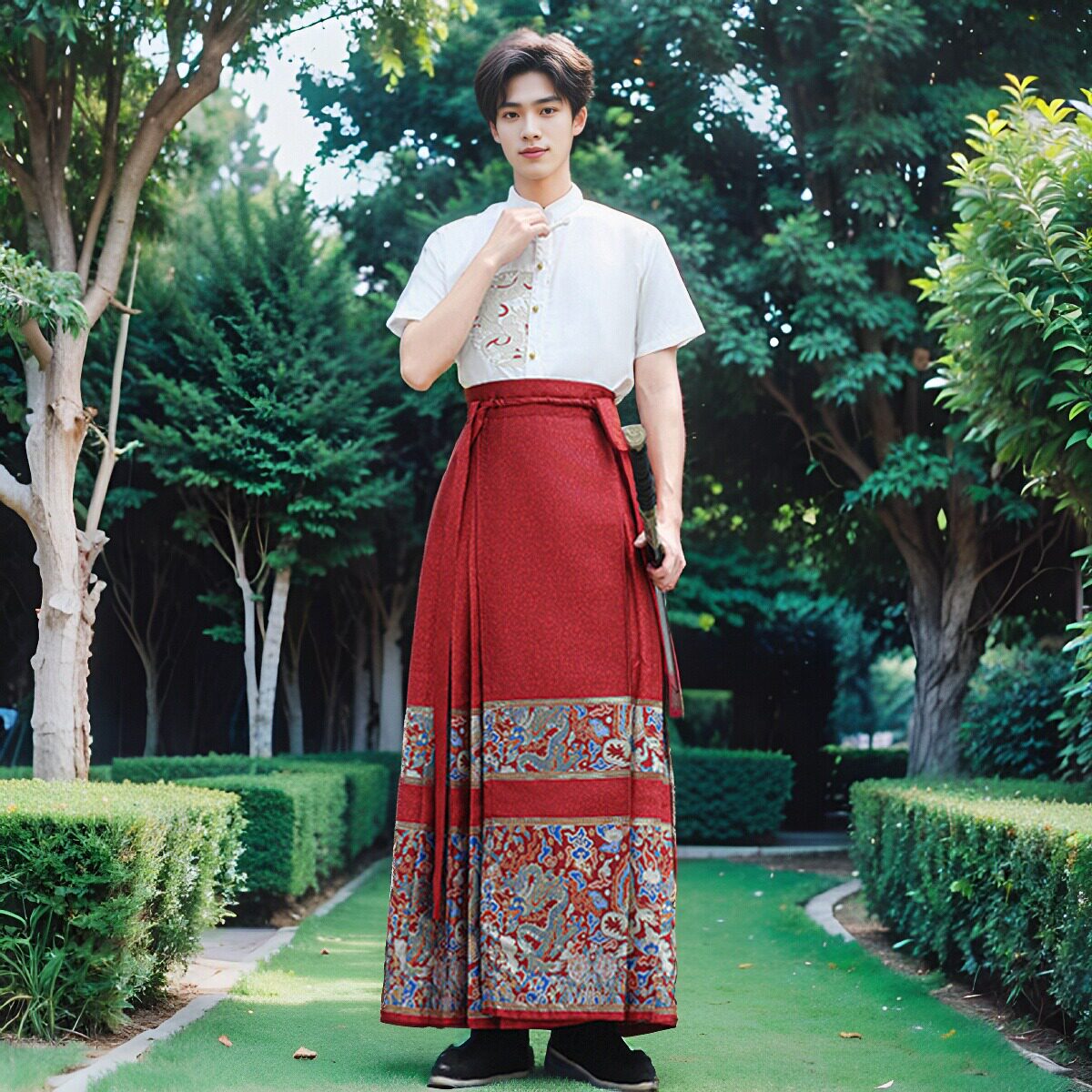 夏季汉服男款青少年短袖中国风上衣马面裙汉服改良版现代男装大码图片