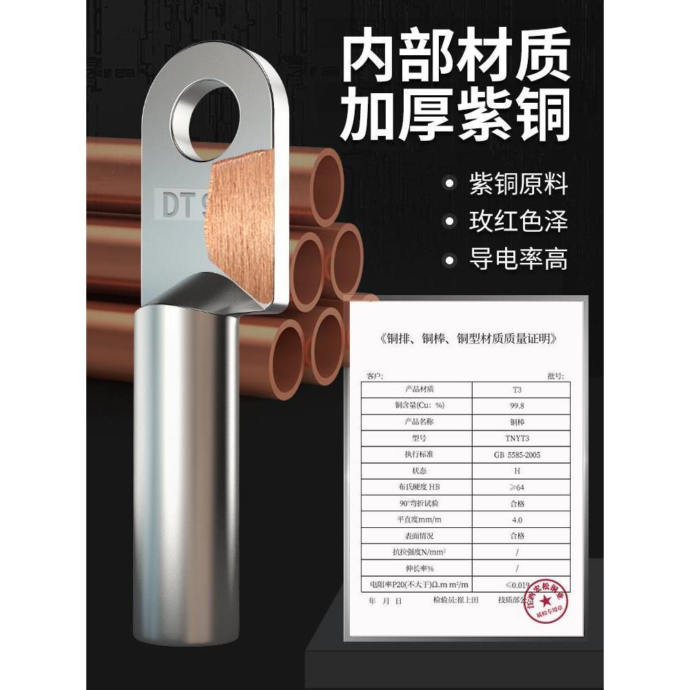 国标镀锡DT铜鼻子接线端子16/25/35/70/95/150/185/240mm紫铜线耳