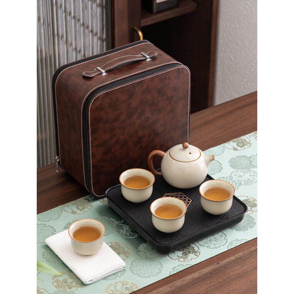 景德镇黄汝茶壶旅行功夫茶具套装便携包式户外汝窑一壶四杯茶盘家