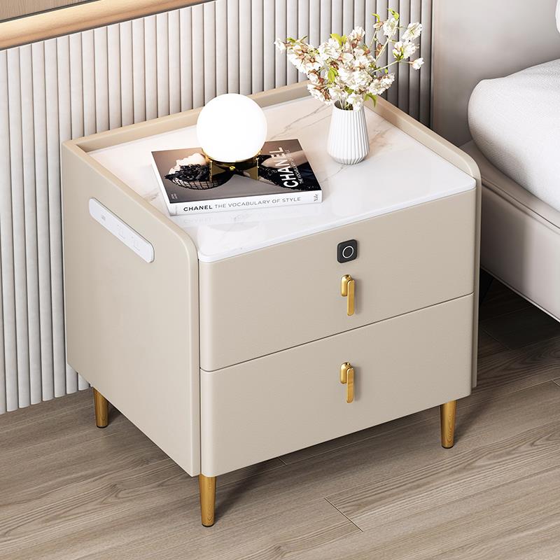 全实木床头柜现代简约轻奢高级感家用网红卧室岩板小型床边收纳柜