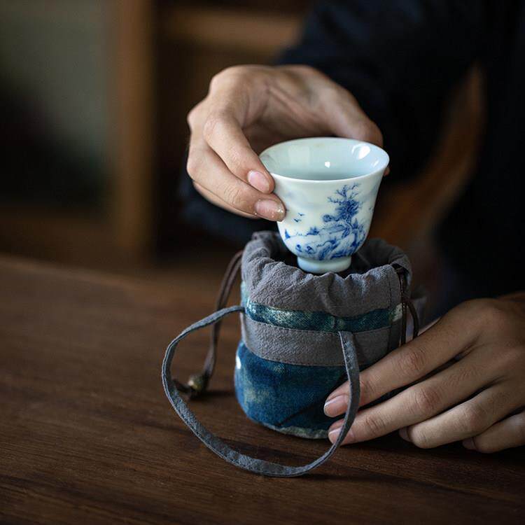 小布点主人单杯收纳袋 棉布水墨蜡染文玩首饰迷你小布茶具束口袋