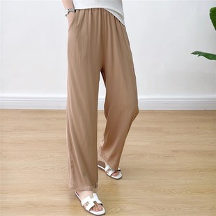 女2025年夏季 人造棉休闲家居裤 薄款 妈妈直筒裤 宽松大码 棉绸阔腿裤