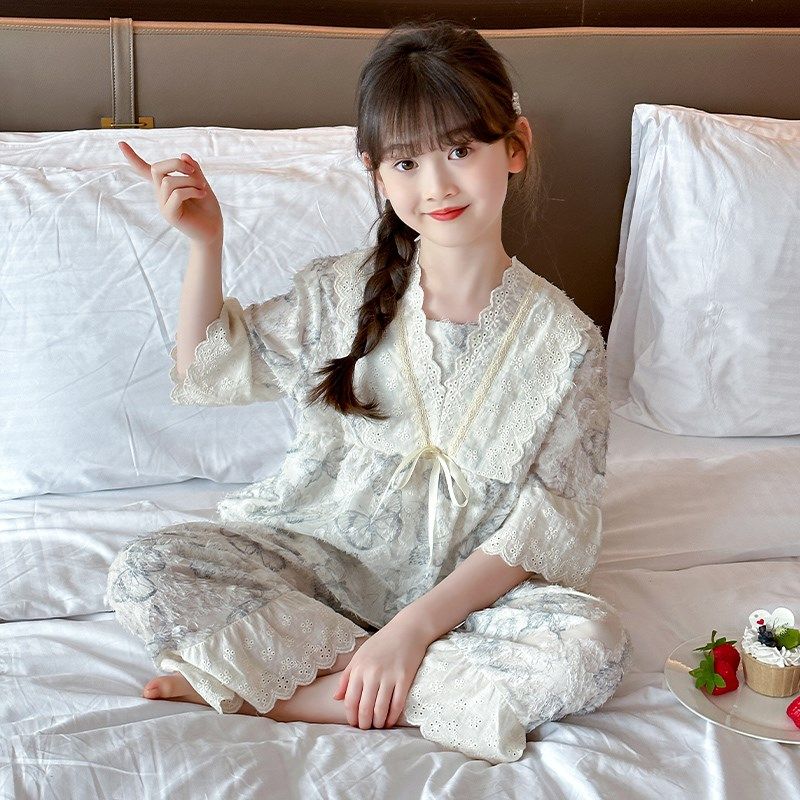 女童睡衣夏季短袖长裤短裤三件套儿童公主蕾丝洋气时尚薄款家居服