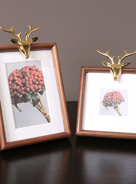 新中式胡桃木铜鹿相框摆件画框照片摆台书房样板间桌面装饰品摆件