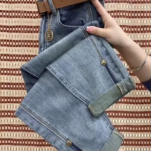 胯宽腿粗老爹九分裤 复古弹力软牛仔裤 女秋冬设计感宽松显瘦哈伦裤