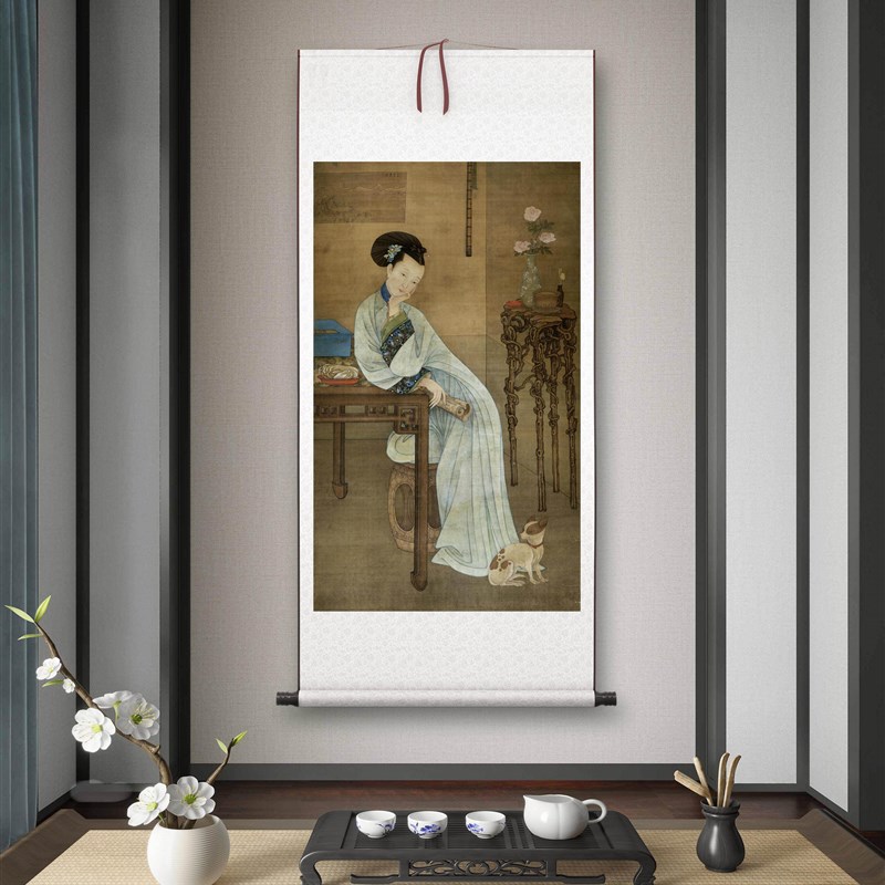 清 冷枚《春闺倦读图》客厅书房茶E室装饰画挂画玄关高清卷轴字画