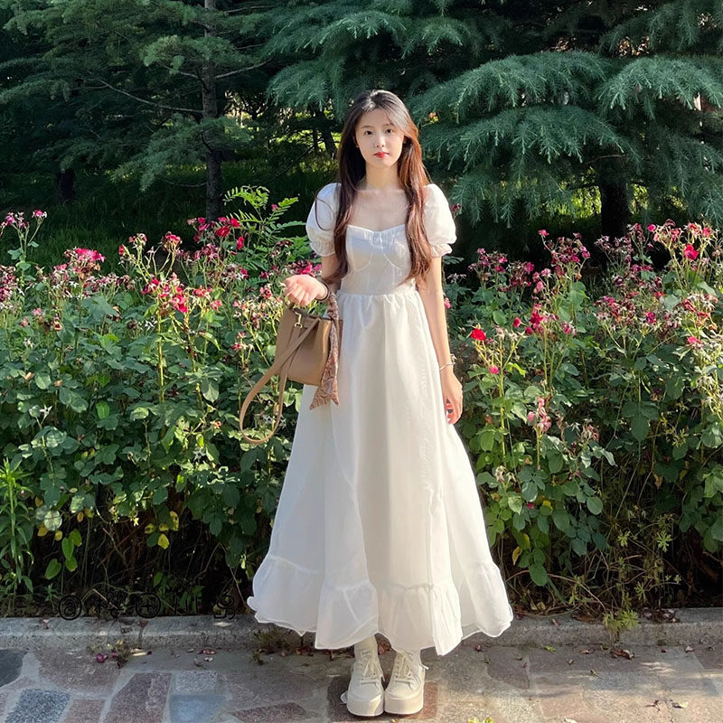 清冷白色系穿搭泡泡袖连衣裙女2024夏季小个子生日小礼裙公主长裙