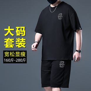 T恤套装 圆领短袖 胖子五分裤 短裤 夏季 两件套纯棉半袖 加肥加大码