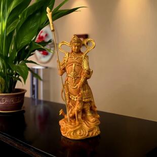 崖柏木雕杨戬二郎神小摆件家用护发神像南天门神仙哮天犬护发装饰