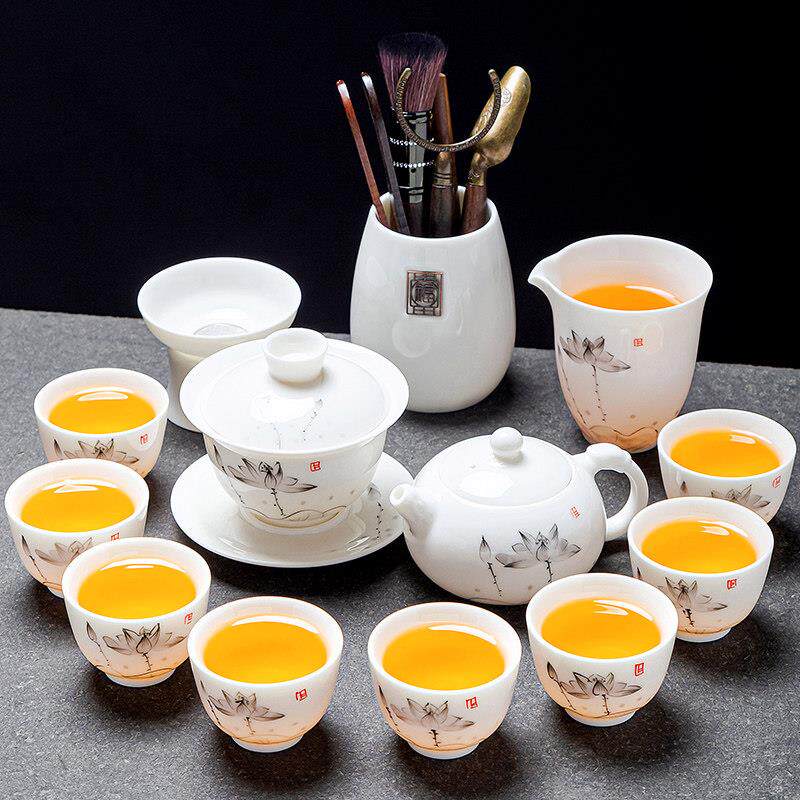 景德镇汝窑手绘功夫茶具套装家用羊脂玉白瓷盖碗泡茶壶茶杯轻奢高
