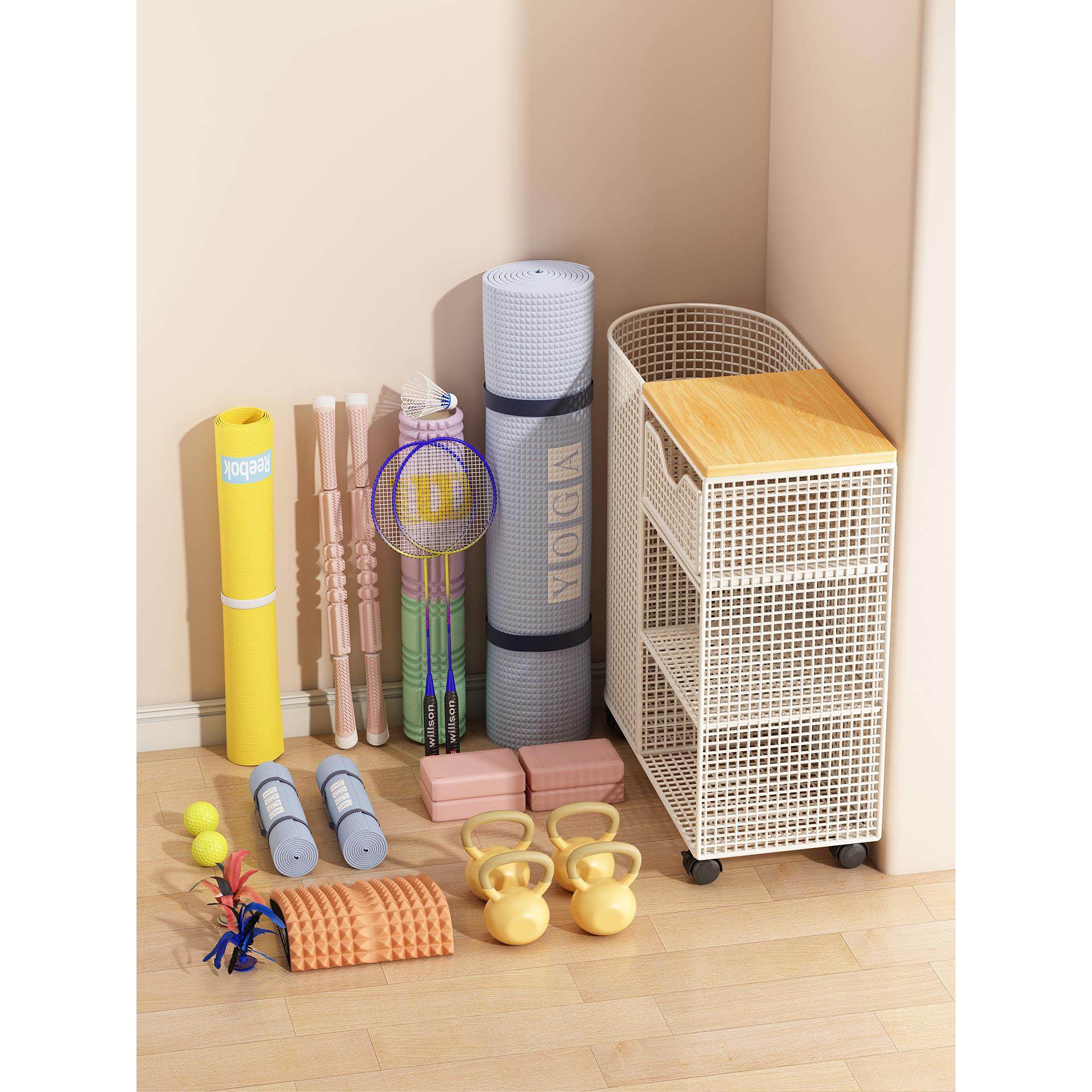 放羽毛球家用瑜伽垫收纳筐运动健身器材收纳架带轮筐子篮球置物架