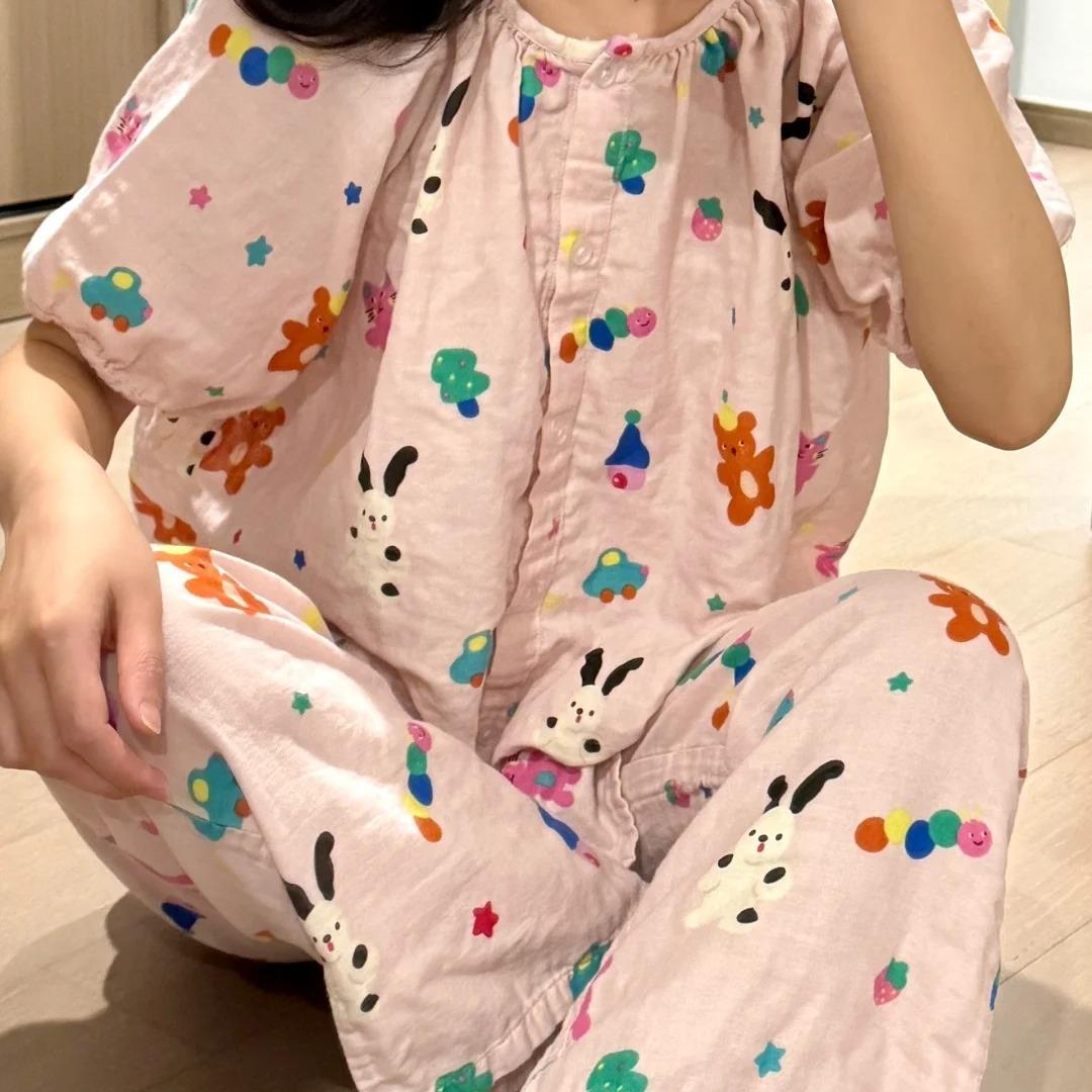 A类全棉纯棉婴儿双层纱布睡衣女2025春夏秋季新款短袖家居服套装