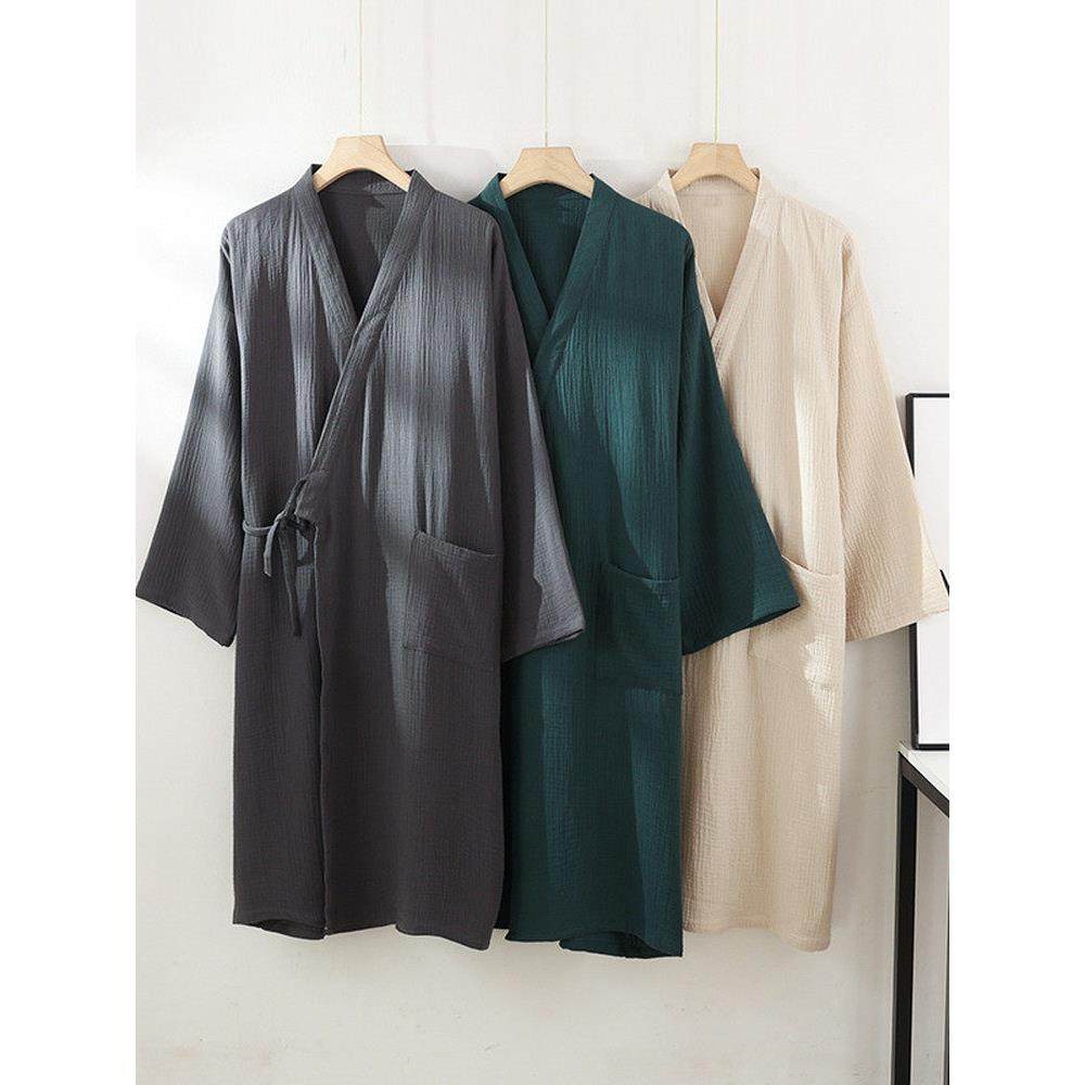 四季通用情侣纯色睡袍纯棉双层纱男大码系绳中长款七分袖浴袍睡衣