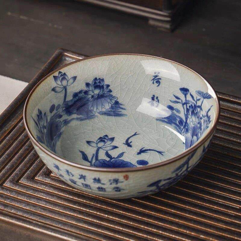 景德镇青花手绘荷花普洱杯茶杯陶瓷茶具大号主人杯仿古品茗杯单杯
