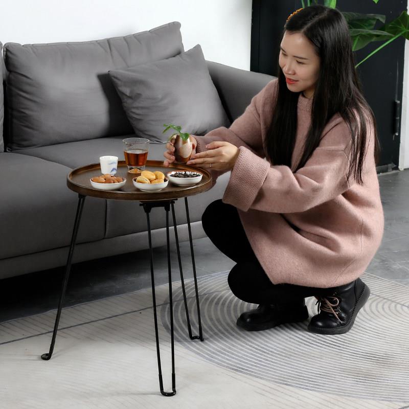 可折叠沙发边几小户型地毯卧室阳台茶桌边柜飘窗可移动圆形茶几竹