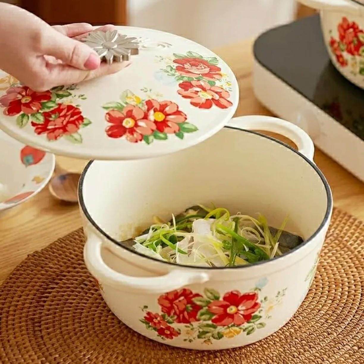 三厦贴花复古风铸铁珐琅锅深炖锅汤锅无涂层砂锅燃气电磁炉烤箱