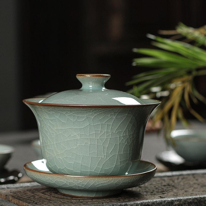景德镇见山烧青瓷三才盖碗茶杯大号家用复古泡茶功夫茶具龙泉哥窑