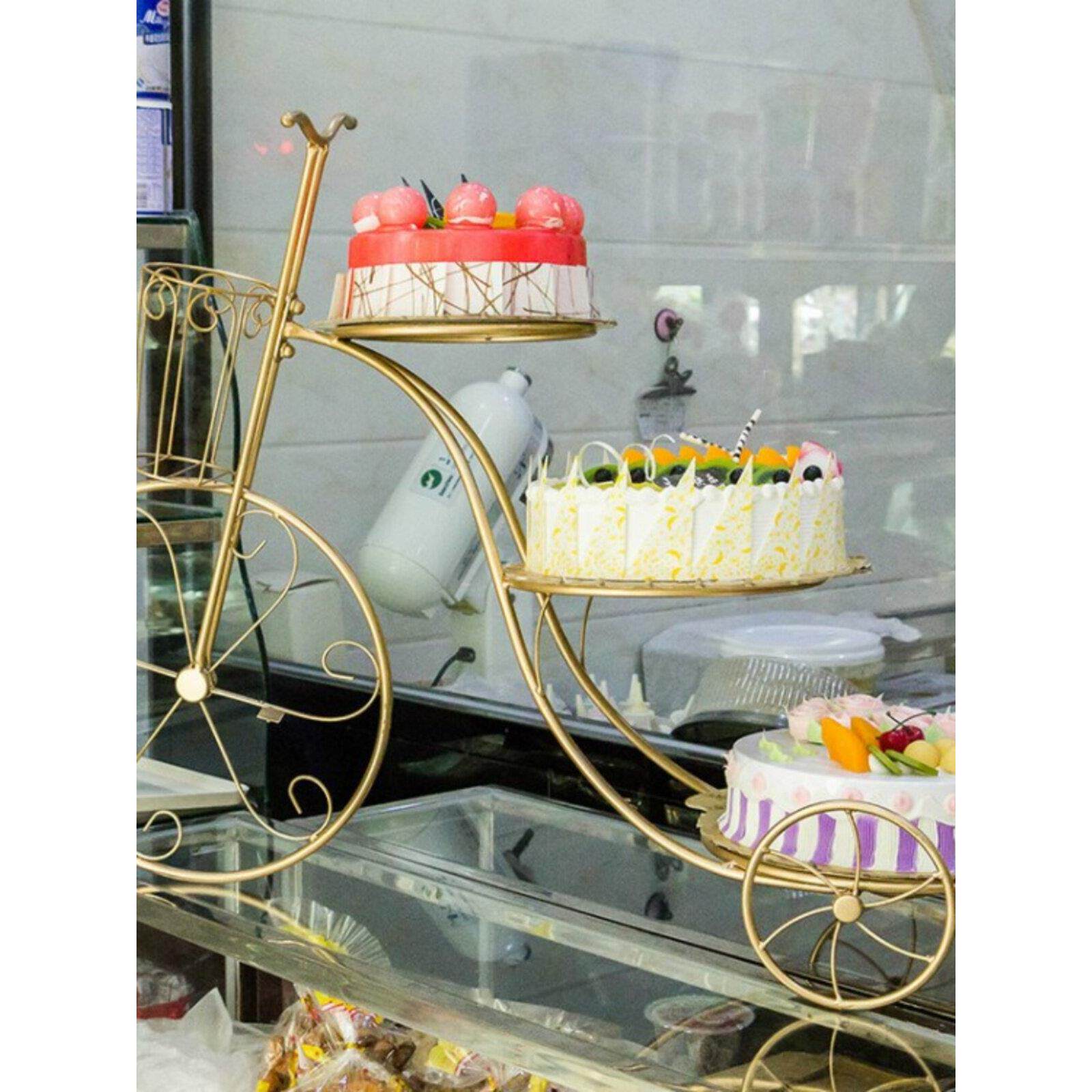 婚庆蛋糕架多层甜品台店铺橱窗摆件金色铁艺自行车三层装饰展示架