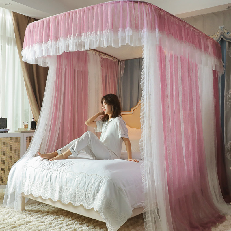 2021年新款导轨蚊帐家用u型轨道公主1.8米床加密支架伸缩滑轨卧室