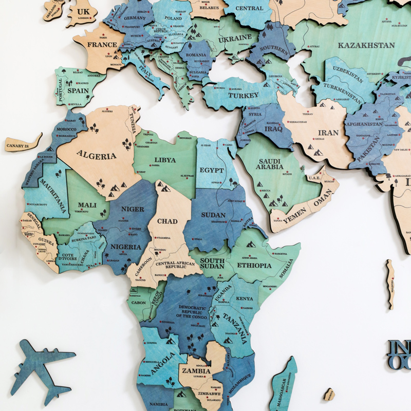 蓝色木质世界地图3D立体壁饰墙面装饰创意客厅沙发办公室背景墙