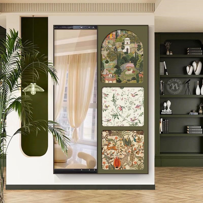 法式正对门玄关全身镜壁画中古风穿衣镜客厅装饰画推拉试衣镜挂画