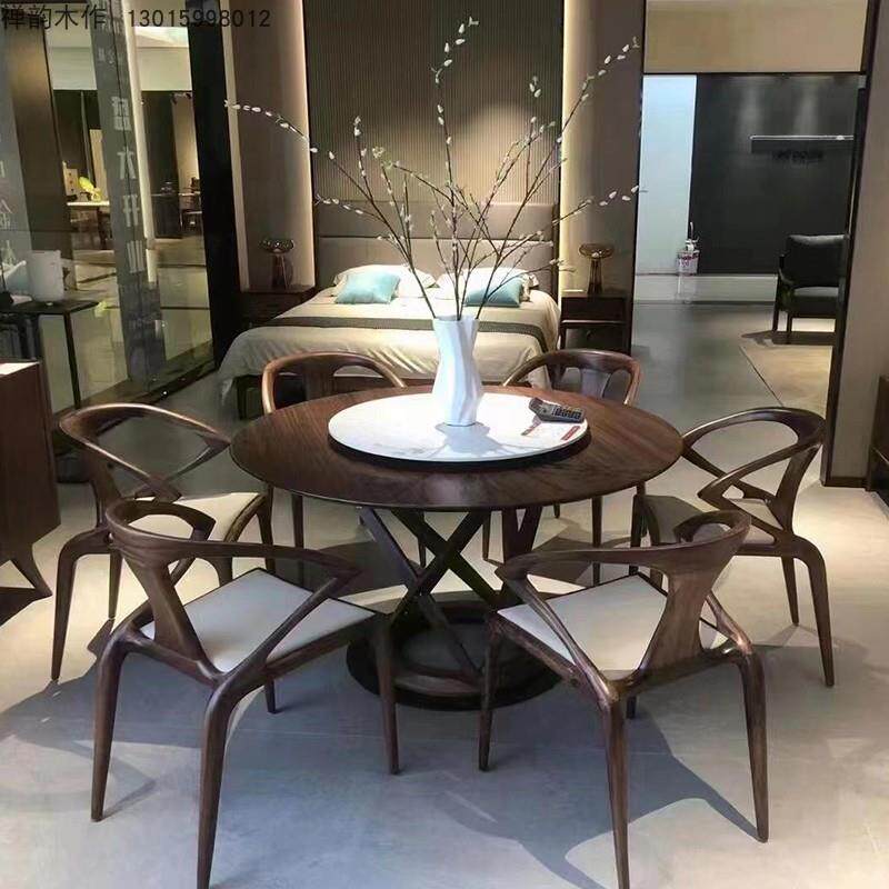 新中式黑胡桃木实木餐桌圆形1.35 1.5米岩板转盘一桌六椅餐厅圆桌