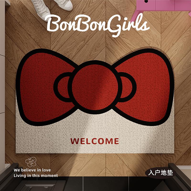 可爱红色kt蝴蝶结入户地垫进门口门外丝圈耐脏防滑脚垫可裁剪地毯