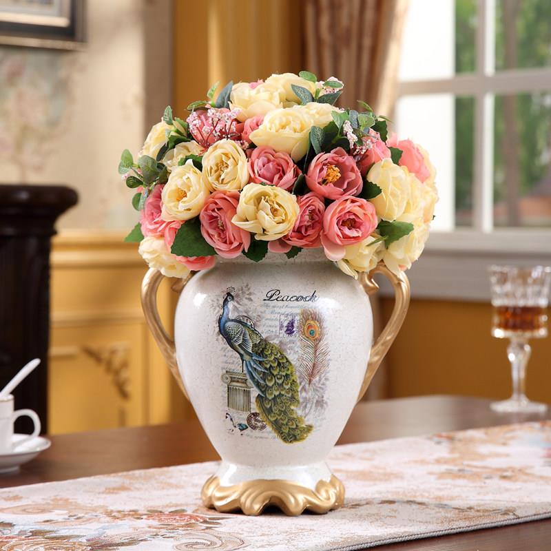 欧式陶瓷双耳小花瓶花鸟插花摆设家居餐桌花艺摆件客厅桌摆装饰品