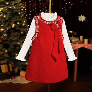 女童連衣裙秋冬款 紅色新年衣服過年冬裙子冬 冬季 k兒童背心裙套裝