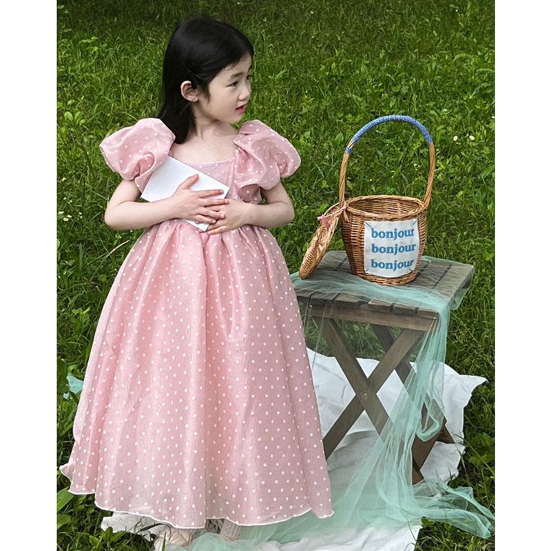 法式女童202i4夏季新款粉色波点连衣裙生日礼服公主W裙长裙蓬蓬礼