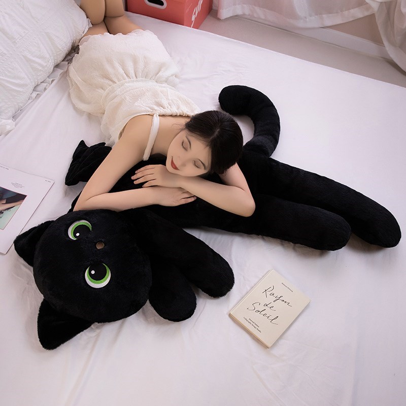 可爱黑色猫咪玩偶毛绒玩具睡觉抱枕床上夹腿长条枕陪睡布娃娃公仔