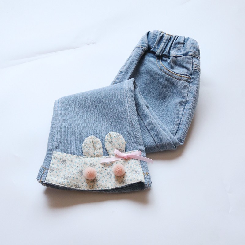 女童微喇叭裤子春季2025新款儿童洋气兔耳朵翻边牛仔裤宝宝长裤子